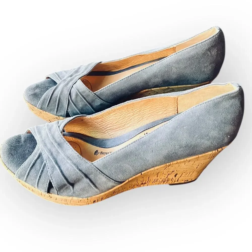 Sofft Olwen Women's Iris Blue Suede Open Toe Cork Platform Wedge Sandal Size 11M
